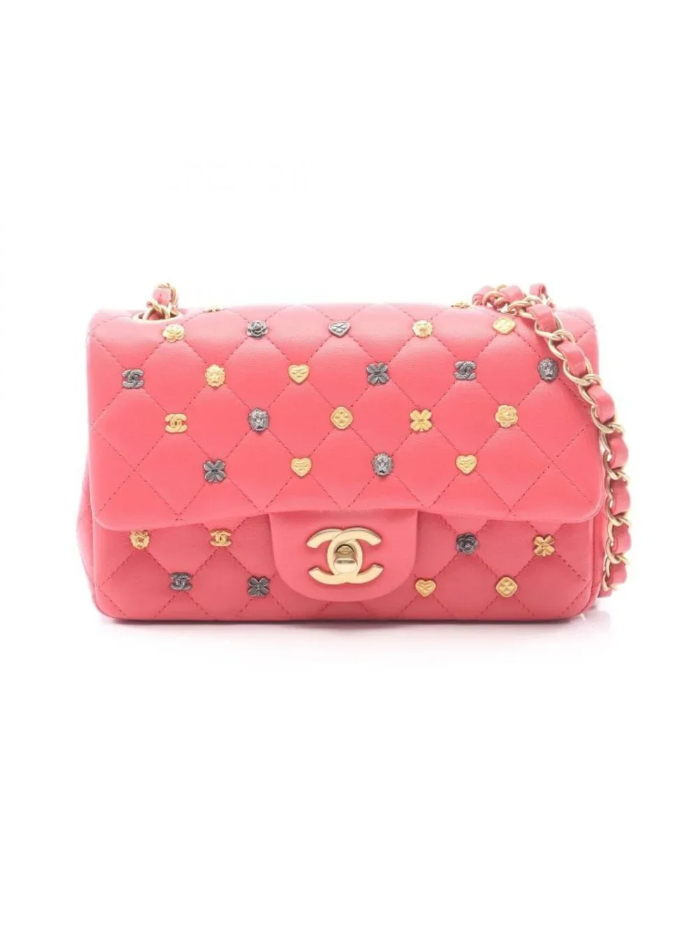 Chanel Shoulder Bag Mini Quilted 20 Icon Charm Pink Lambskin Mini Chain